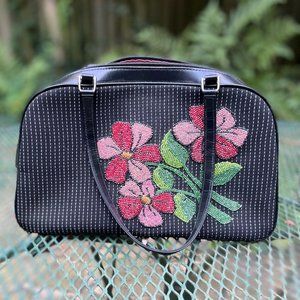Vintage Y2K black white pinstripe handbag shoulder purse with floral beading